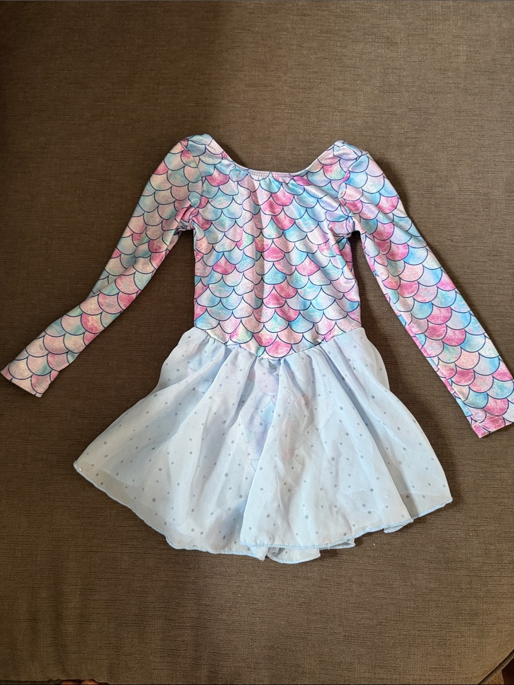 Girls Mermaid Print Long-Sleeve Leotard with Skirt - Pastel Pink & Blue